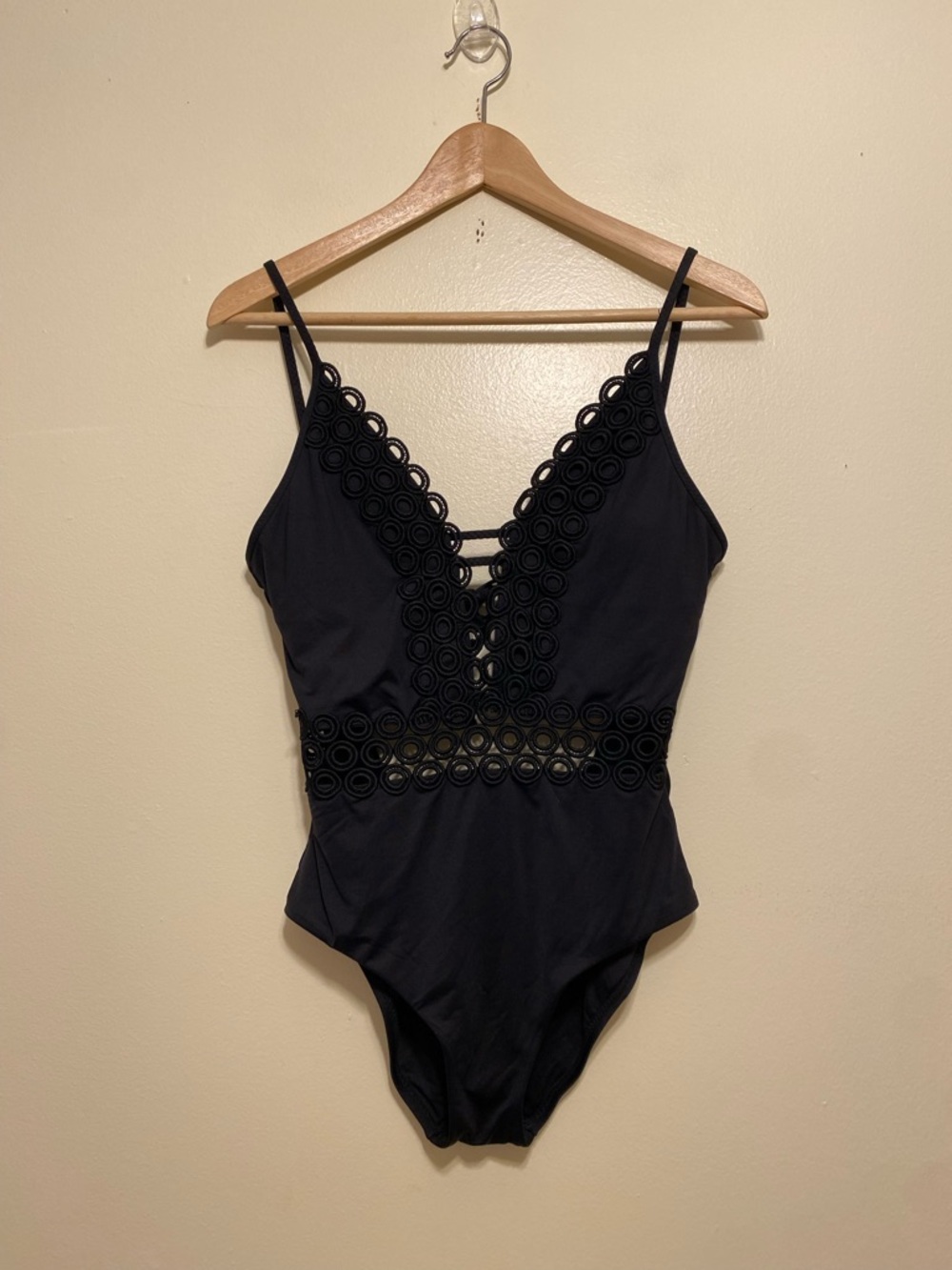 BECCA Black Lace-Trim One-Piece Bodysuit. Size S